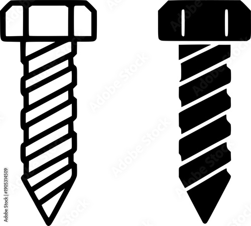 Industrial icon, vector illustration of screw, black and white in outline and silhouette design style
