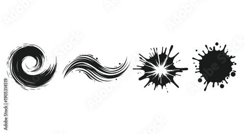 Set of four black ink splashes and brush strokes on a white background