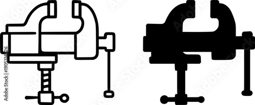Industrial icon, vector illustration of bench vise, black and white in outline and silhouette design style