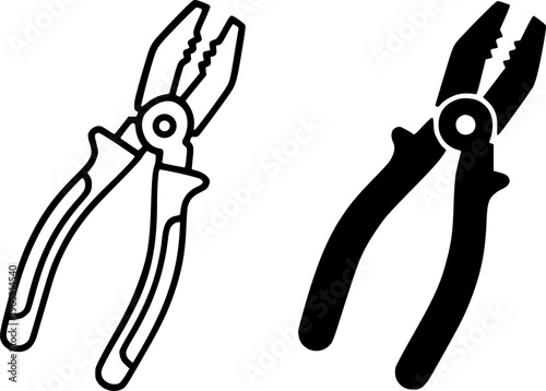 Industrial icon, vector illustration of pliers, black and white in outline and silhouette design style