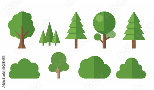 Green flat tree icon collection for infographics, books, and banners