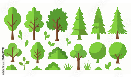 Vibrant green flat tree illustrations collection for infographics and banners