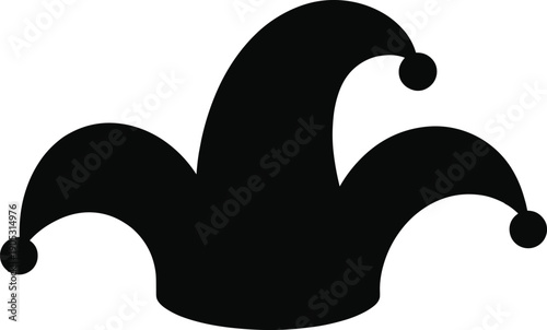 Black jester hat silhouette icon isolated on white background, carnival joker symbol for festival design, comedy theme, costume decoration, party logo and mask concept.