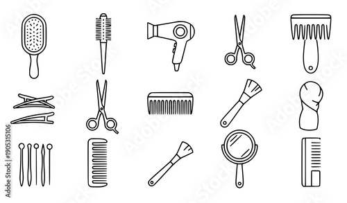 Haircare and cosmetic tools icon collection with editable stroke for stores and design