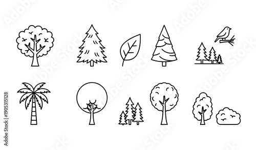 Minimal linear tree icons set with editable stroke for editorial design