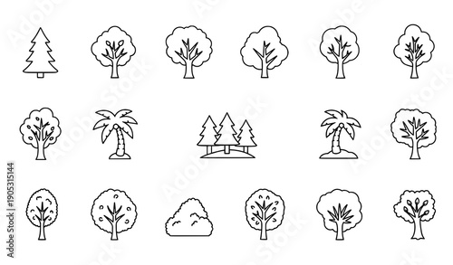 Tree line icon bundle with editable stroke for web, newspapers, and books