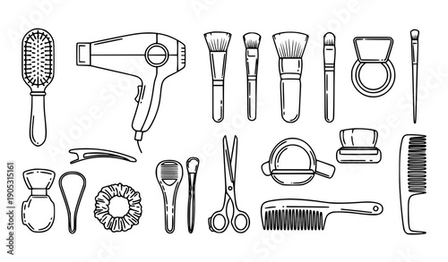 Minimal linear haircare and beauty tools icons for shops, books, and banners