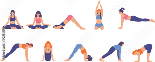 Collection of women performing different yoga poses and stretching exercises, flexibility training, mindfulness practice, healthy lifestyle, home workout routine, fitness wellness concept, modern 