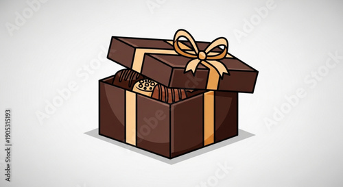 Brown gift box with gold ribbon and bow opened to reveal chocolates inside on white background