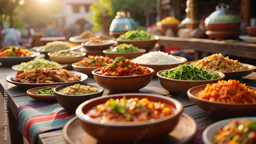Obraz premium An abundant spread of various Middle Eastern dishes, including rice, salads, and stews, is presented on a rustic outdoor table.