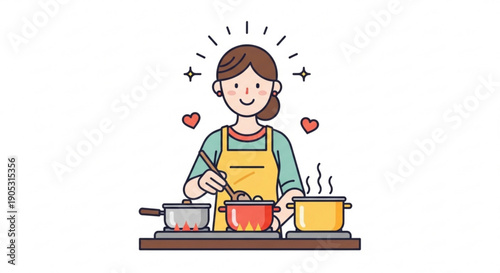 Woman cooking with love stirring pots on stove heartwarming kitchen scene with happiness