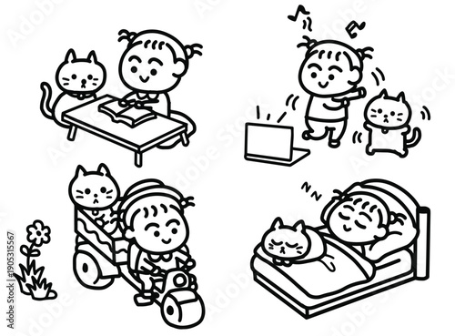 Daily Life Routine of a Little Girl and Her Cute Cat