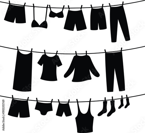 Black silhouette laundry hanging on multiple clotheslines with clothespins, featuring pants, shorts, shirt, sweater, socks and underwear. Minimal washing and drying clothes illustration.