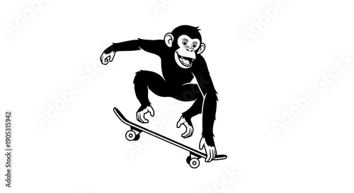 Chimpanzee Skateboarder Performing Trick Illustration.