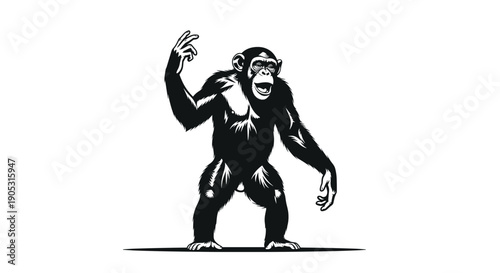 Chimpanzee Standing Aggressively with Open Mouth and Raised Hand.