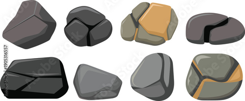 Cartoon rock set with cracked stones and boulders in flat vector style, isolated on white background, geology elements for game assets and environment design.
