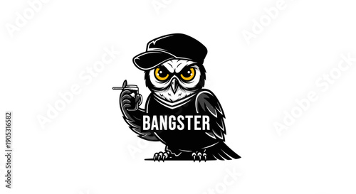 Cool Owl Wearing Cap and Smoking Cigarette with Bangster Text.