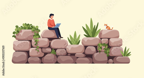Man works on laptop on stone wall with cat and plants