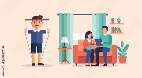Illustration of people interacting in a home with a figure manipulated by strings