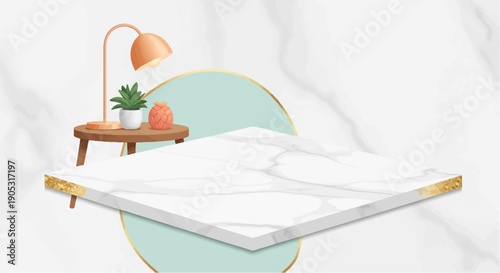 Marble platform with side table, lamp, and plants