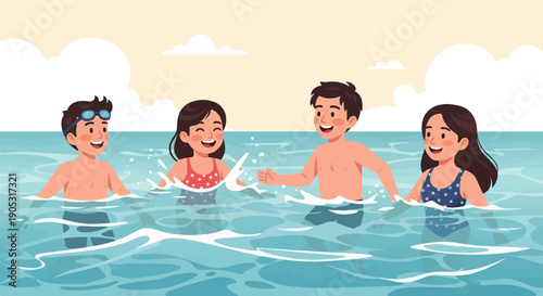 Happy children playing in the ocean on a sunny day