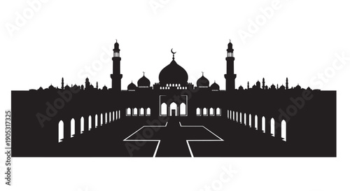 Taj Mahal silhouette with courtyard and minarets in black and white