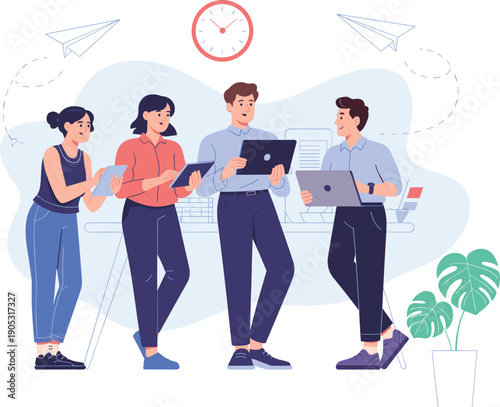 Diverse business team working together with laptops and tablets in modern office, collaboration and communication concept, project management, productivity, startup culture, flat vector illustration