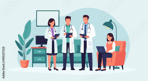 Medical professionals collaborate in a modern office setting