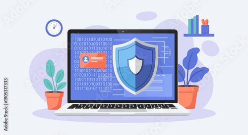 Laptop displaying a digital shield, binary code, and user profile icon