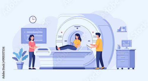 Medical professionals assist patient undergoing MRI scan in modern clinic