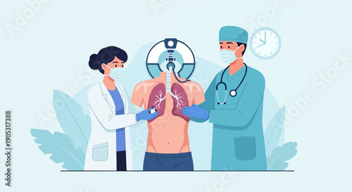 Medical professionals examine a model of human lungs and respiratory system