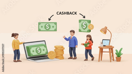 Illustration of people participating in a cashback program, showing money and laptop