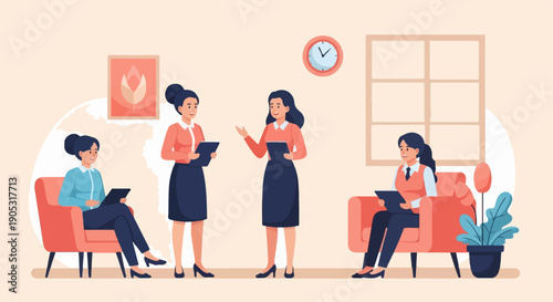 Four women collaborate in a modern office setting, discussing tasks with tablets