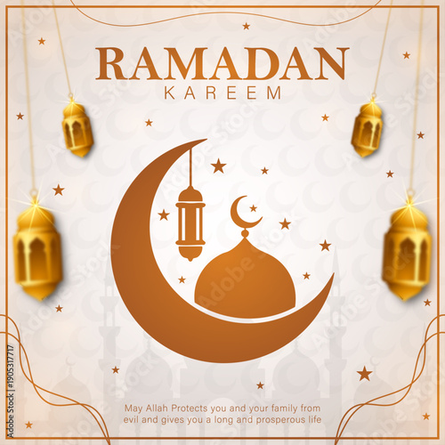 ramadan kareem greeting card with crescent moon and gold lanterns, islamic holy month banner with mosque silhouette and star pattern, elegant ramadan mubarak social media post template in gold and bro
