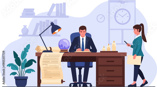 Man in suit at desk with crystal ball, woman with phone and folder