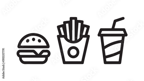 Fast Food Icons in Simple Line Art Style with Black Color on White Background for Menu Design