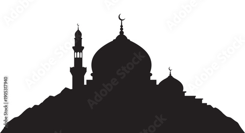 Mosque Silhouette with Domes and Minarets at Night or Sunset