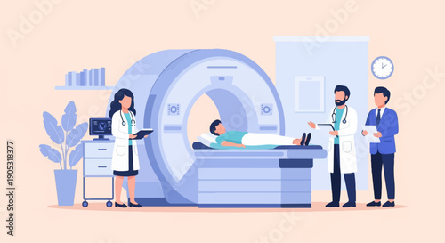 Medical professionals overseeing a patient undergoing an MRI scan in a modern facility