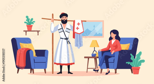 Man in traditional attire displays garment with crosses, woman relaxes in armchair