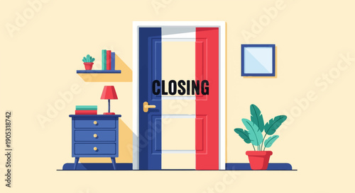 French flag door with "Closing" text in a room setting