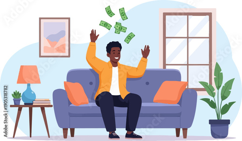 Man jubilantly throwing money in the air while sitting on a couch