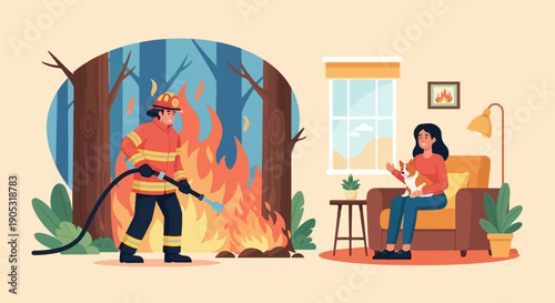 Firefighter battles forest fire while woman and dog relax indoors