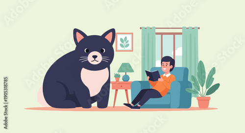Large cat observes man reading a book in a cozy living room