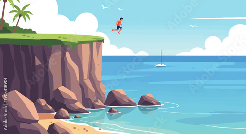 Man leaps from cliff into ocean beside sailboat and palm trees