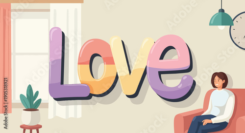 Large, colorful word "LOVE" floats in room with a seated woman and plant