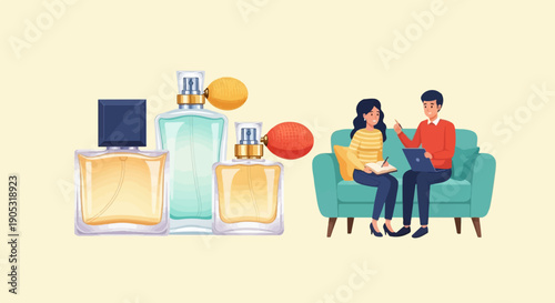 Fragrance bottles displayed next to a couple in a meeting