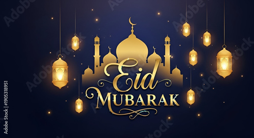 Eid Mubarak: Elegant depiction of festive spirit with a stylized gold mosque under a crescent moon, radiating warmth, along with hanging lanterns and an inscription of Eid Mubarak, set against a rich.