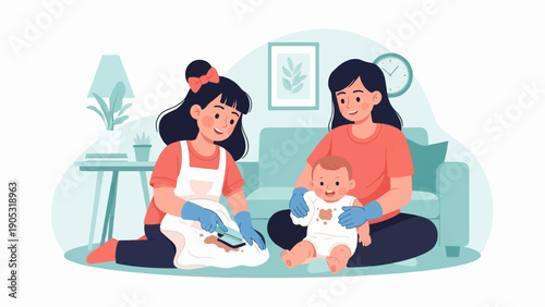 Mother and daughter clean up a messy baby in a cozy living room