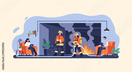 Firefighters battle blaze while civilians relax indoors, unaware of danger