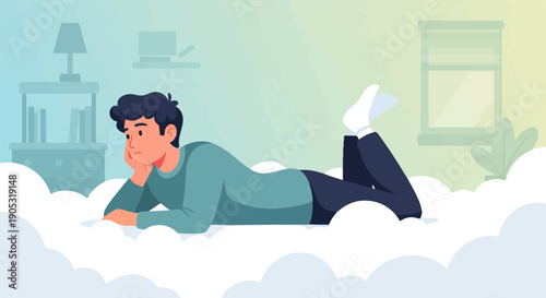 Man lying on clouds, looking thoughtful near a bedside table and window